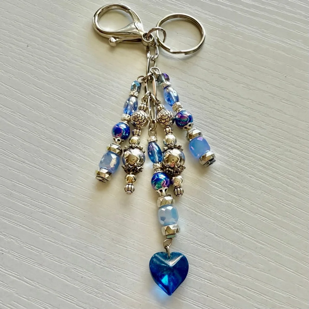Blue Heart Handmade Bag Charm Keychain | One of a Kind | Crystal Accessory